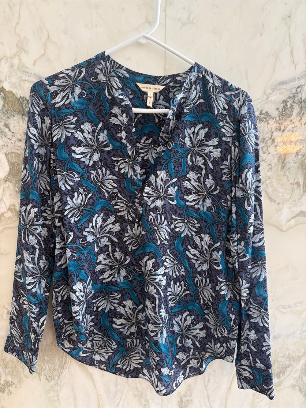 Rebecca Taylor Navy & Teal Floral V-Neck Long Sleeve Top